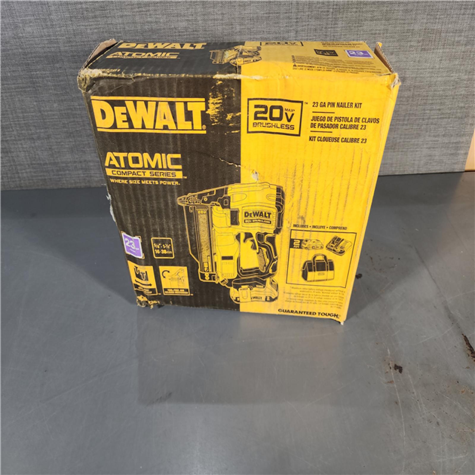HOUSTON LOCATION - AS-IS (APPEARS LIKE NEW) DEWALT ATOMIC 20V MAX Lithium Ion Cordless 23 Gauge Pin Nailer Kit with 2.0Ah Battery and Charger