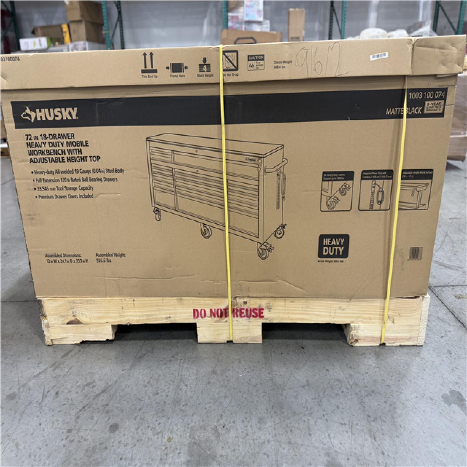 DALLAS LOCATION - Husky 72 in. W x 24 in. D Heavy Duty 18-Drawer Mobile Workbench Cabinet with Adjustable-Height Hardwood Top in Matte Black
