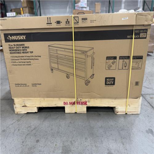 DALLAS LOCATION - Husky 72 in. W x 24 in. D Heavy Duty 18-Drawer Mobile Workbench Cabinet with Adjustable-Height Hardwood Top in Matte Black