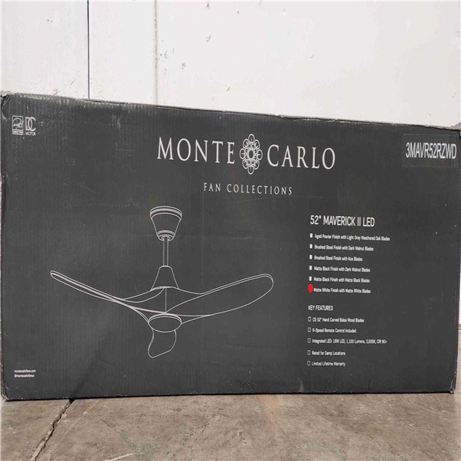 Phoenix Location NEW Monte Carlo 3MAVR52RZWD Maverick II Energy Star 52 Ceiling Fan with LED Light and Hand Remote Control, 3 Balsa Wood Blades, Matte White $806 Retail