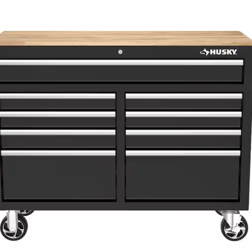 DALLAS LOCATION- AS-IS HUSKY 46 in. W x 18 in. D 9-Drawer Mobile Workbench Cabinet Gloss Black/Woodtop