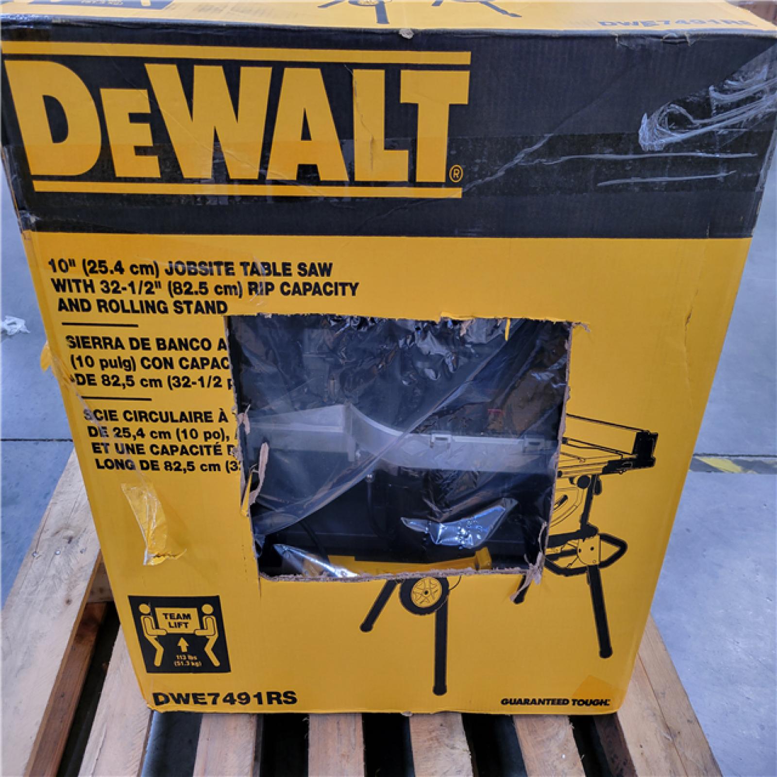 CALIFORNIA AS-IS DEWALT 10 (25.4cm) JOBSITE TABLE SAW WITH 32-1/2 (82.5cm) RIP CAPACITY AND ROLLING STAND