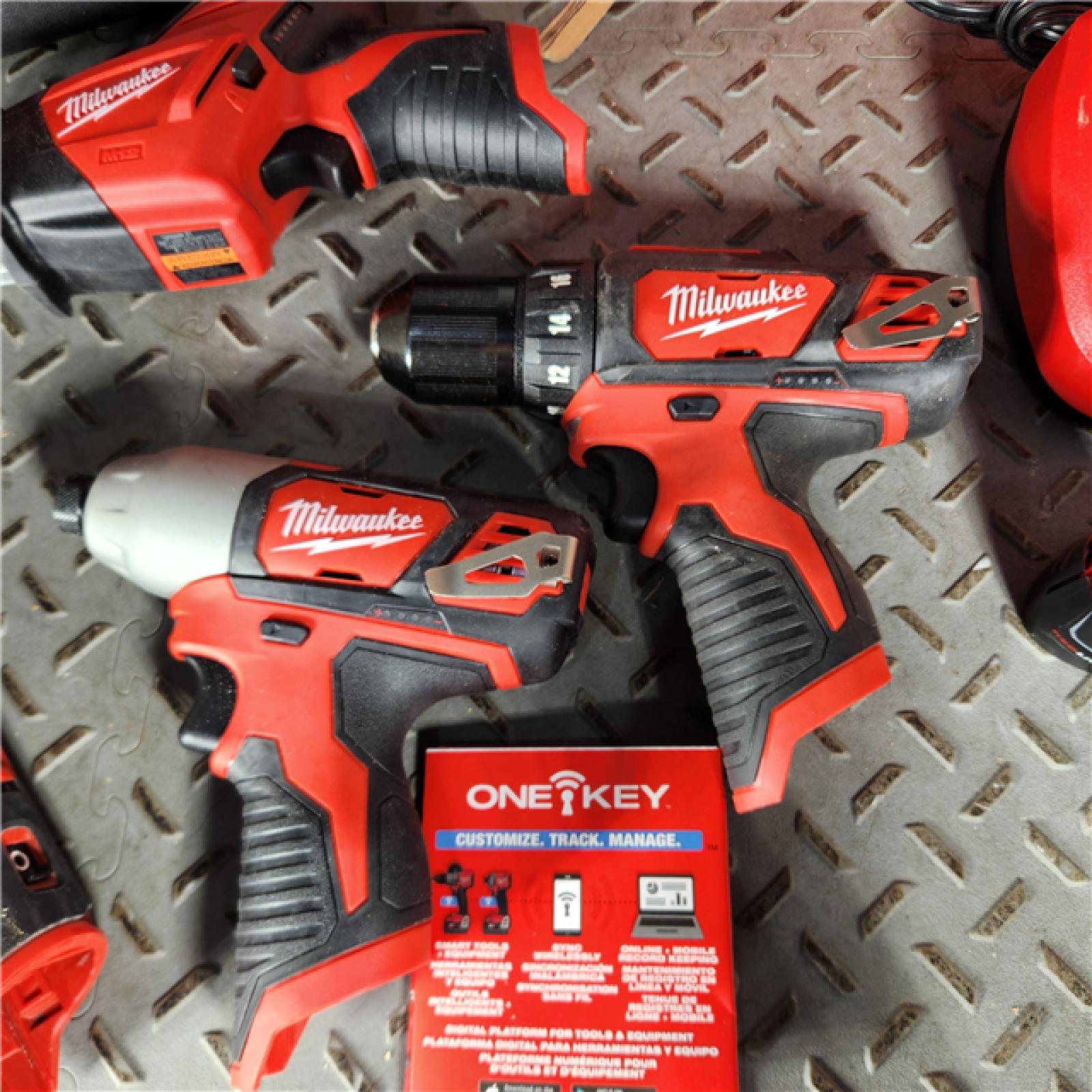 Houston Location - AS-IS Milwaukee 2497-24H 4 Tool Combo Kit M12 Li-Ion Cordless W/ 2 Batteries - Appears IN GOOD Condition