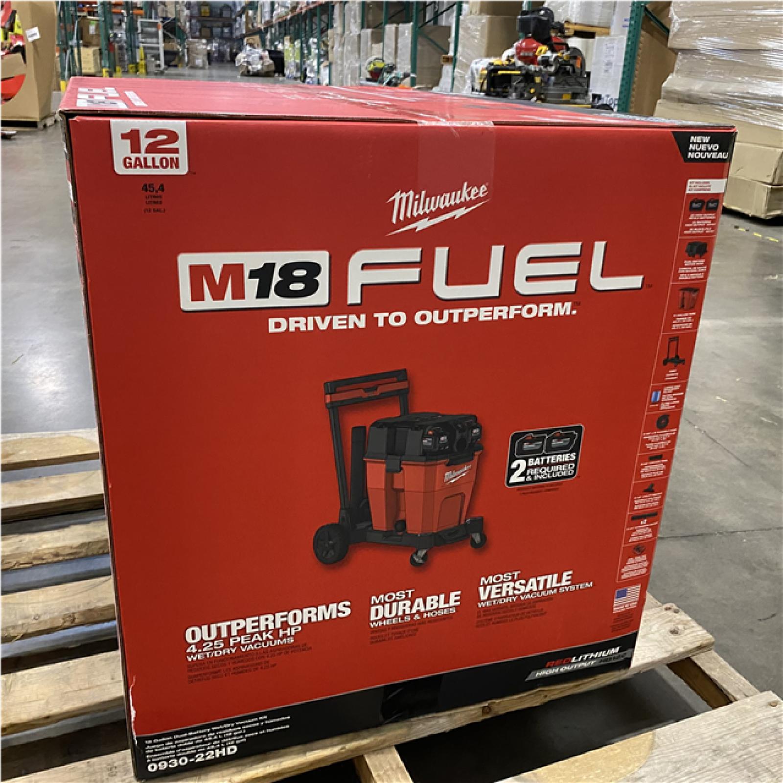 Dallas Location - NEW-  Milwaukee M18 FUEL 12 Gallon Cordless DUAL-BATTERY Wet/Dry Vac Kit W/12.0 Ah Battery  Charger  Filter  Hose  and Accessories