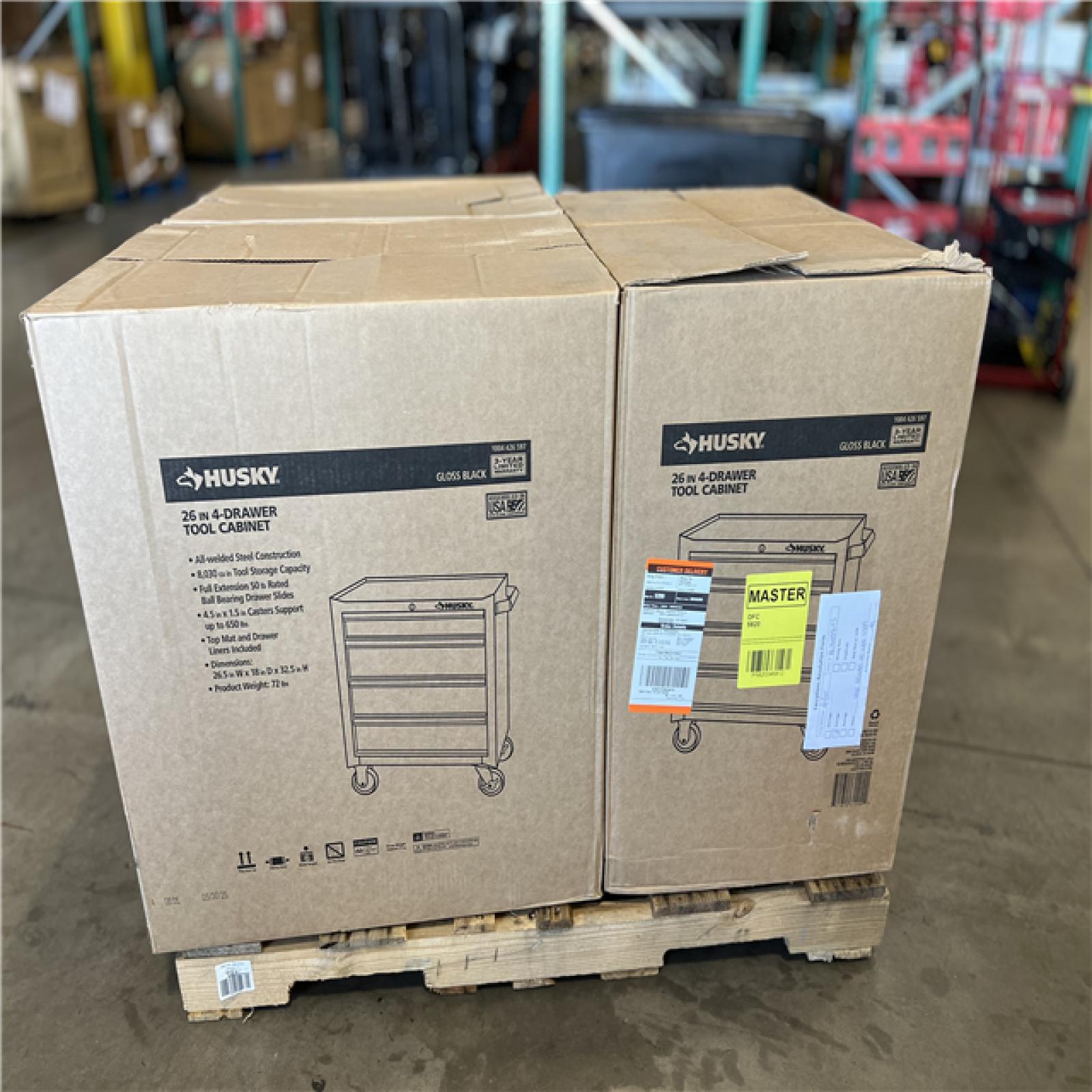 DALLAS LOCATION - Husky 26.5 in. W x 18 in. D Standard Duty 4-Drawer Rolling Tool Cabinet in Gloss Black PALLET -(3 UNITS)