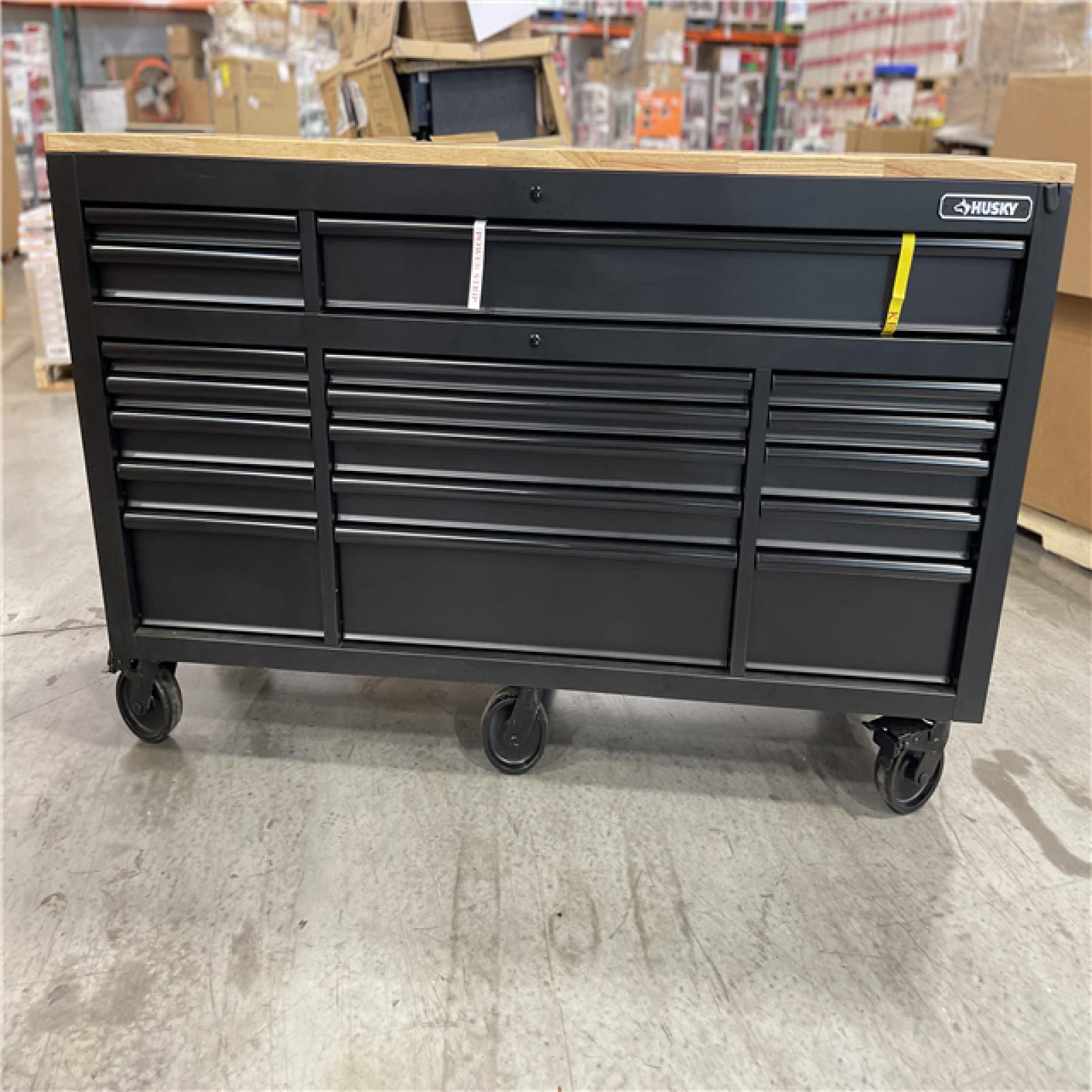 DALLAS LOCATION- HUSKY 72IN. 18 DRAWER MOBILE WORKBENCH WITH ADJUSTABLE HEIGHT TOP