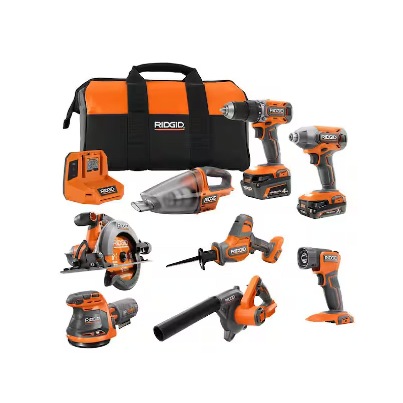 NEW! - RIDGID 18V Cordless 8-Tool Combo Kit with 2Ah MAX Output Battery  4Ah MAX Output Battery  Charger  and Tool Bag