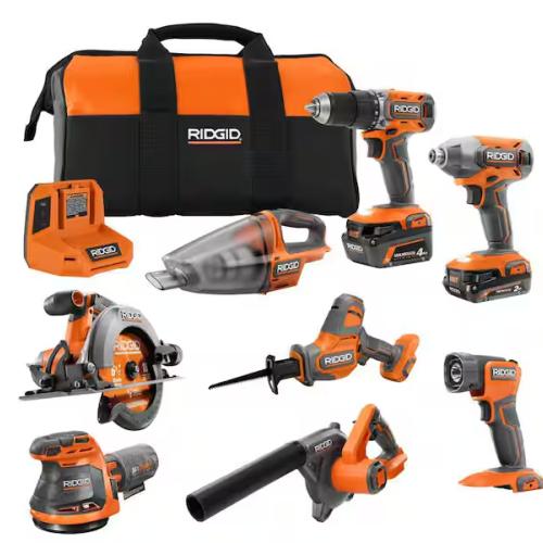 NEW! - RIDGID 18V Cordless 8-Tool Combo Kit with 2Ah MAX Output Battery  4Ah MAX Output Battery  Charger  and Tool Bag