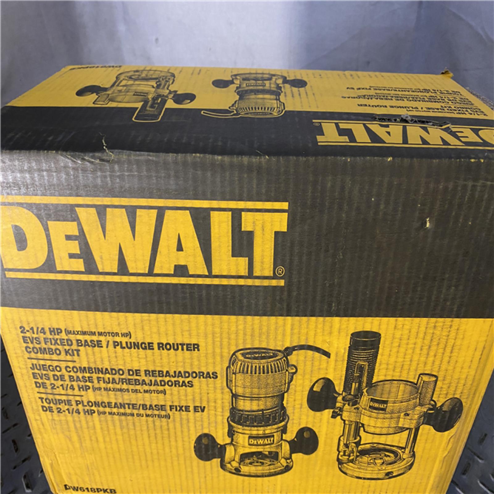 Houston location AS-IS DEWALT DW618PKB 2-1/4 HP EVS Fixed Base/Plunge Router Combo Kit with Soft Start