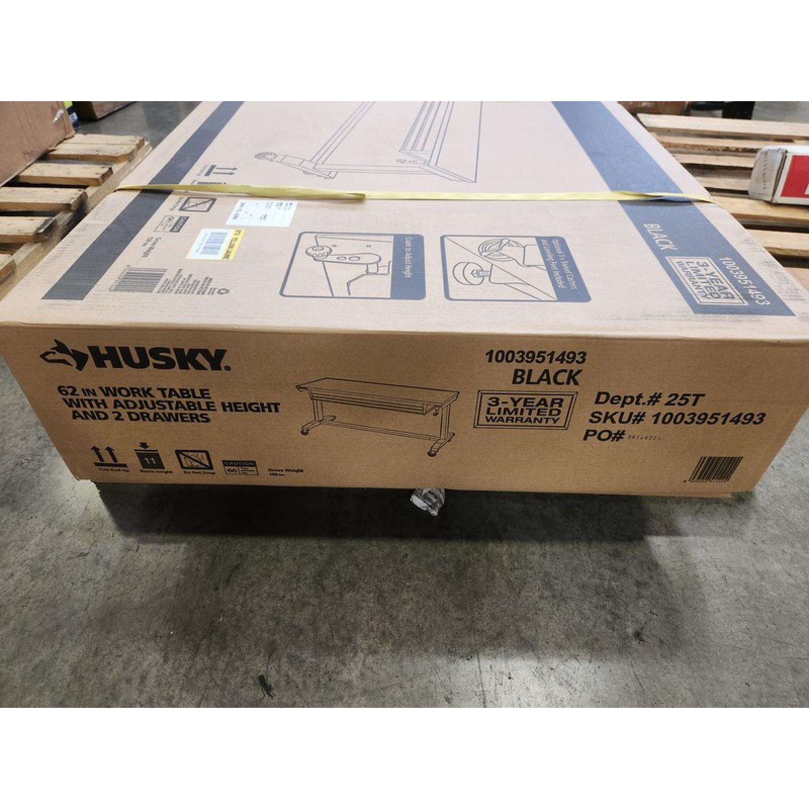 Phoenix NEW Husky 62 in. W x 24 in. D 2-Drawer Adjustable Height Black Workbench Table with Solid Wood Top (SEALED)