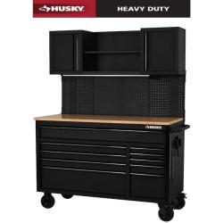 Phoenix NEW Husky 56 in. W x 27.6 in. D 10-Drawer Matte Black Heavy-Duty Mobile Workbench with Pegboard and Top Cabinets