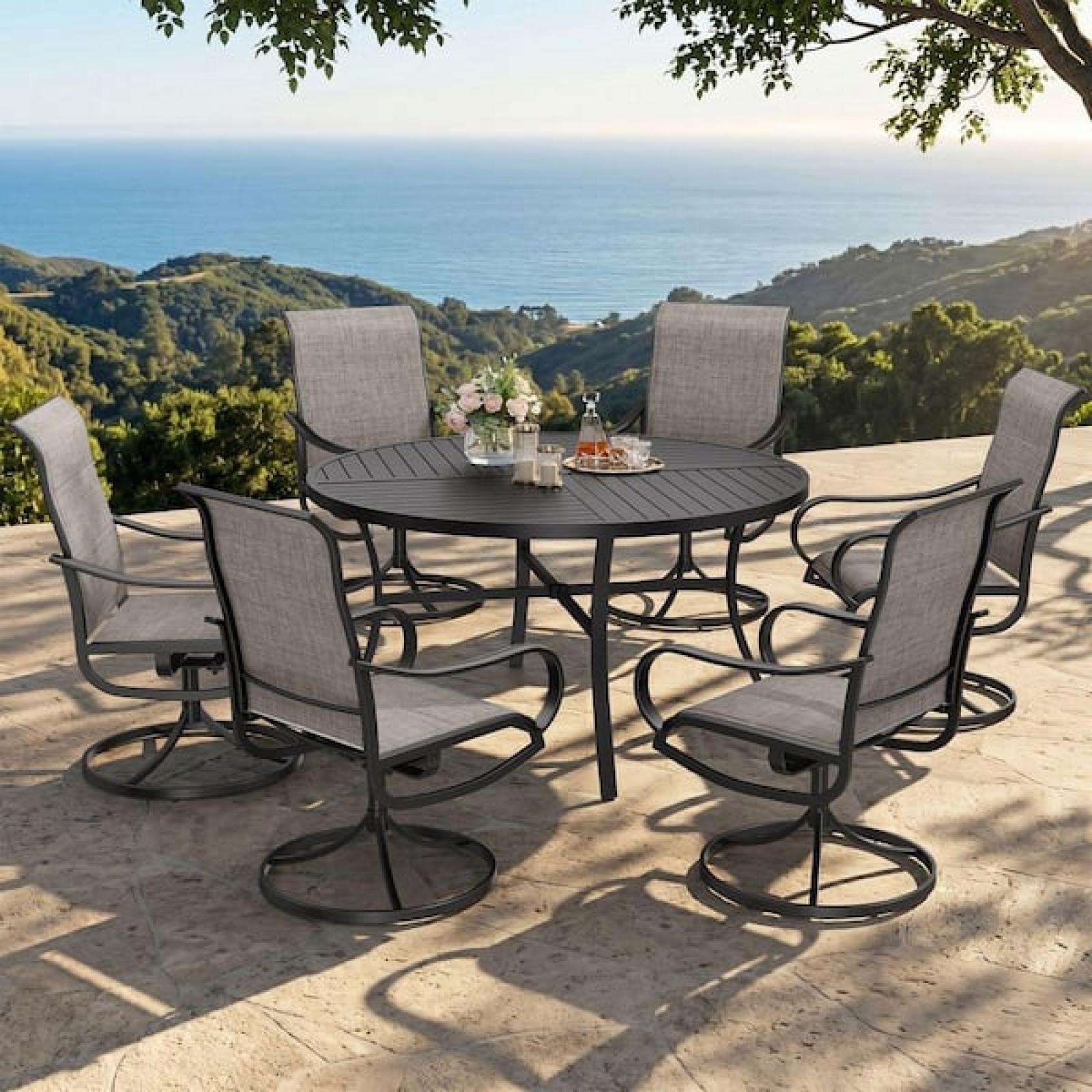 Phoenix LIKE NEW PHI VILLA Black 7-Piece Metal Outdoor Dining Set with Round Table and Textilene Swivel Chairs