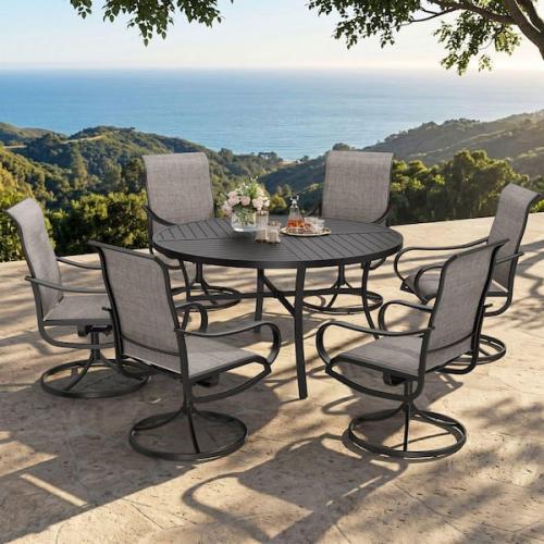 Phoenix LIKE NEW PHI VILLA Black 7-Piece Metal Outdoor Dining Set with Round Table and Textilene Swivel Chairs