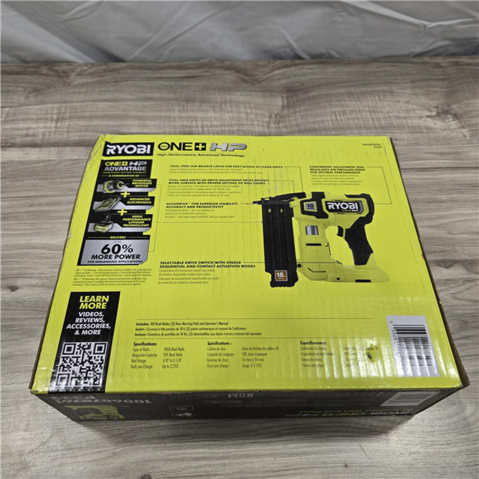 NEW!- RYOBI ONE+ HP 18V 18-Gauge Brushless Cordless Brad Nailer (Tool Only)