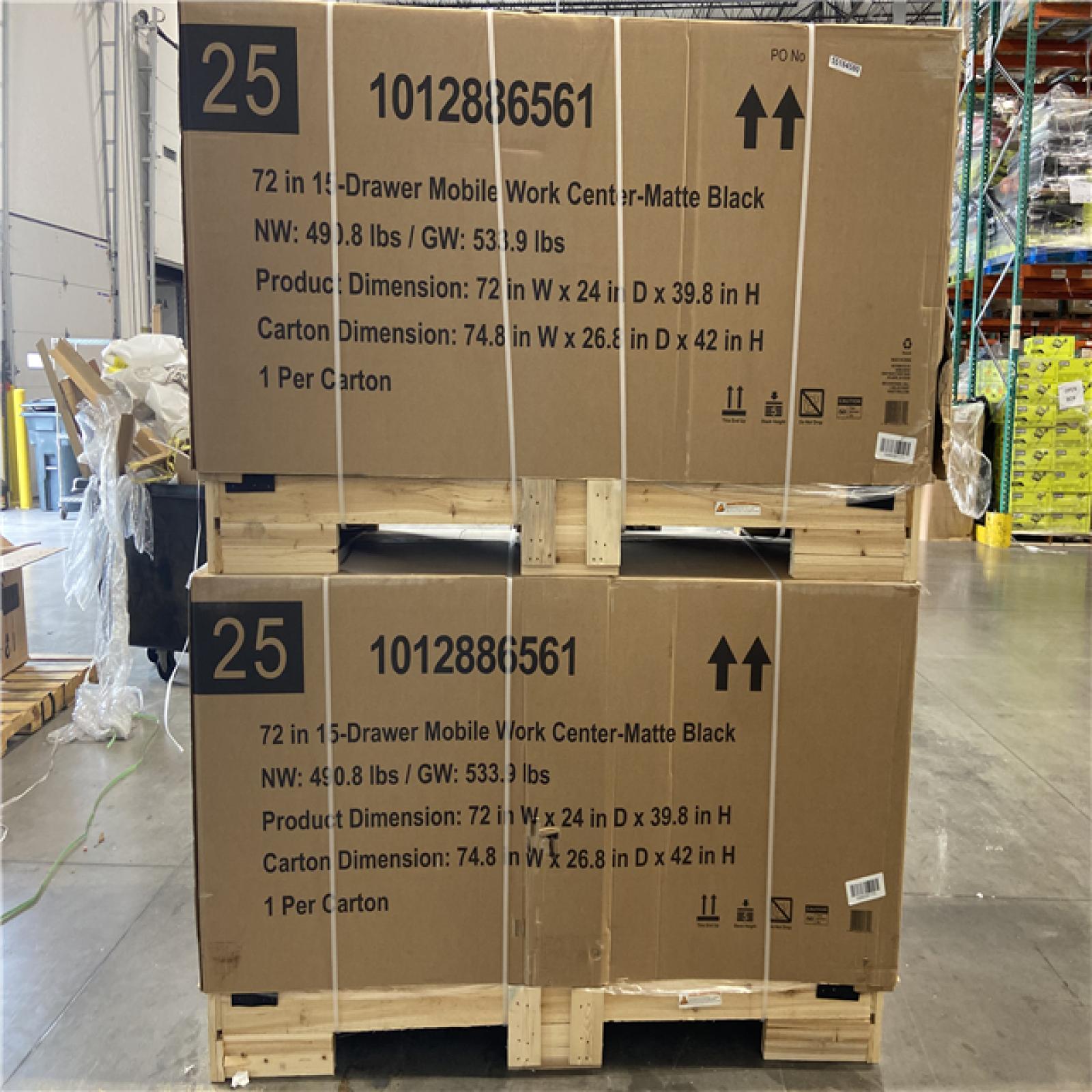 DALLAS LOCATION - Husky Heavy-Duty 72 in. W x 24 in. D 15-Drawer Matte Black Mobile Workbench Cabinet with Solid Wood Top (2 UNITS)