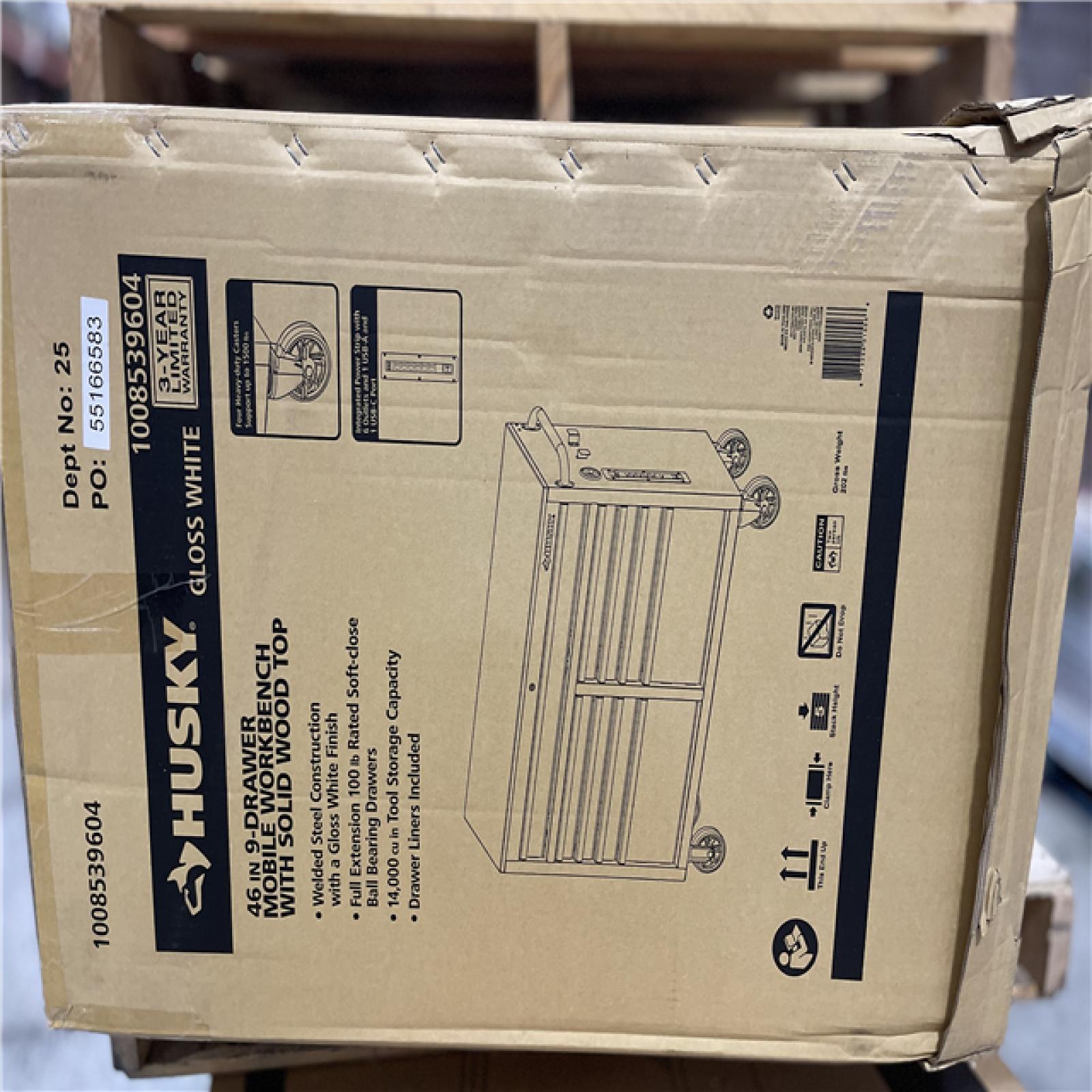 DALLAS LOCATION -  Husky Tool Storage 46 in. W x 18 in. D 9-Drawer Gloss White Mobile Workbench Cabinet