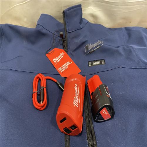 AS-IS Men's Large M12 12-Volt Lithium-Ion Cordless Tough Shell Navy Blue Heated Jacket with (1) 3.0 Ah Battery and Charger