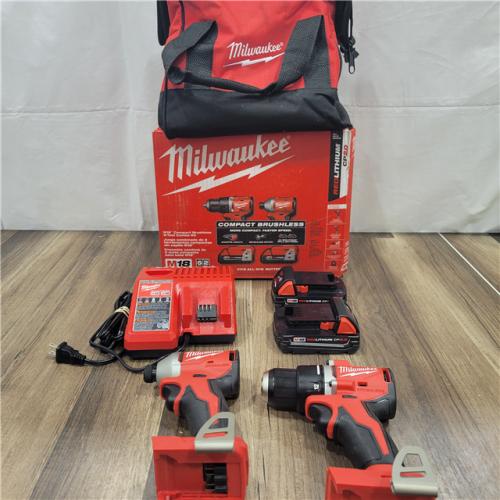 AS-IS Milwaukee M18 18V Lithium-Ion Brushless Cordless Compact Drill/Impact Combo Kit (2-Tool) W/(2) 2.0 Ah Batteries, Charger & Bag