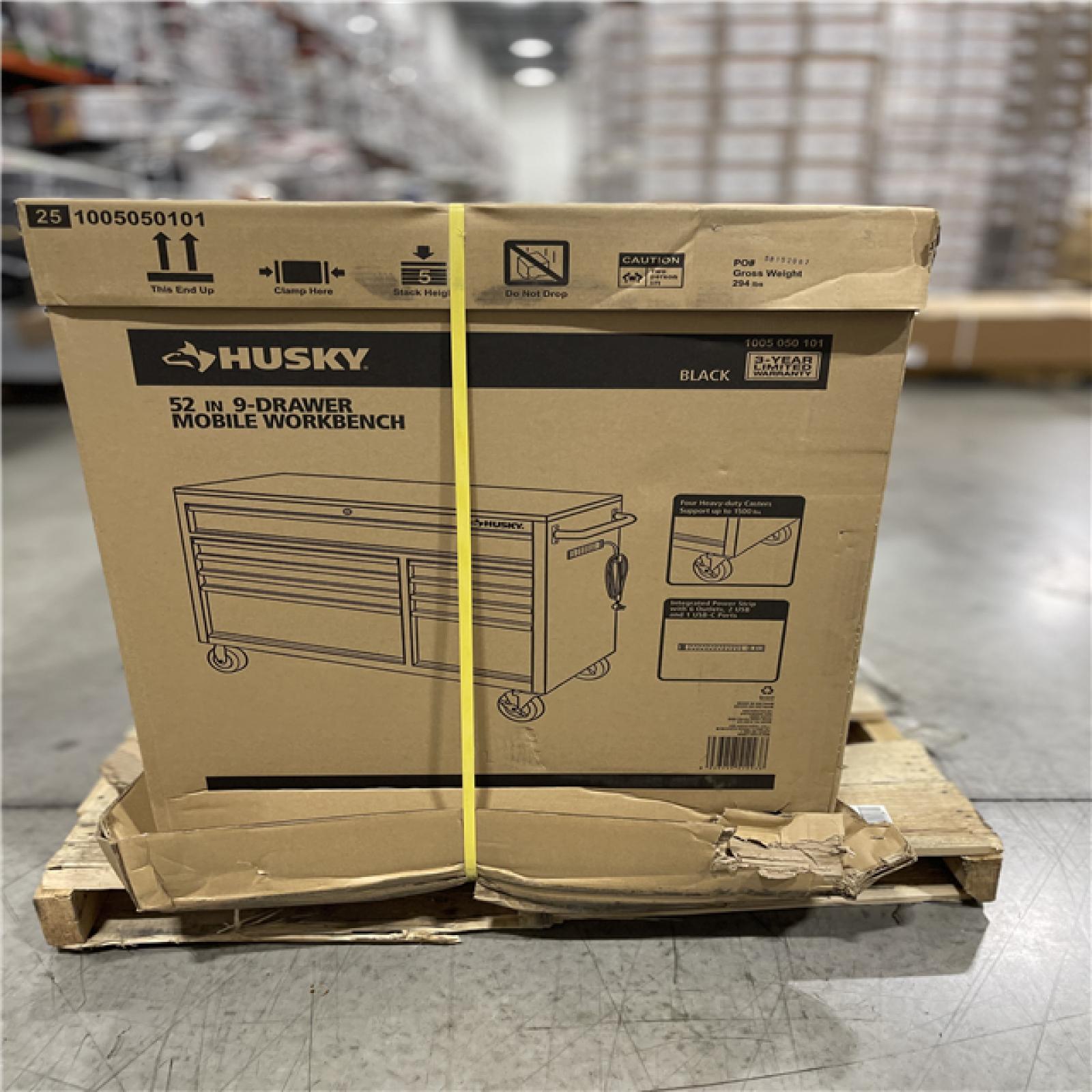 DALLAS LOCATION - Husky 52 in. W x 25 in. D Standard Duty 9-Drawer Mobile Workbench Tool Chest with Solid Wood Top in Gloss Black