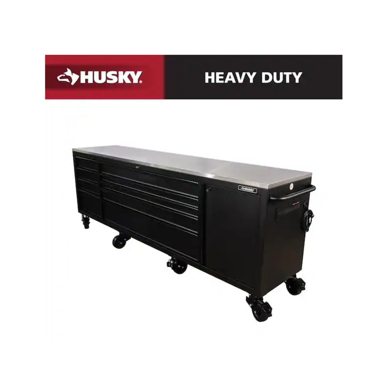 DALLAS LOCATION- AS-IS Husky 108 in. W x 24 in. D 9-Drawer Heavy-Duty Mobile Workbench with Stainless Steel Top in Matte Black