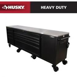 DALLAS LOCATION- AS-IS Husky 108 in. W x 24 in. D 9-Drawer Heavy-Duty Mobile Workbench with Stainless Steel Top in Matte Black