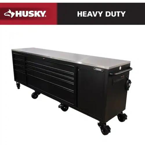 DALLAS LOCATION- AS-IS Husky 108 in. W x 24 in. D 9-Drawer Heavy-Duty Mobile Workbench with Stainless Steel Top in Matte Black