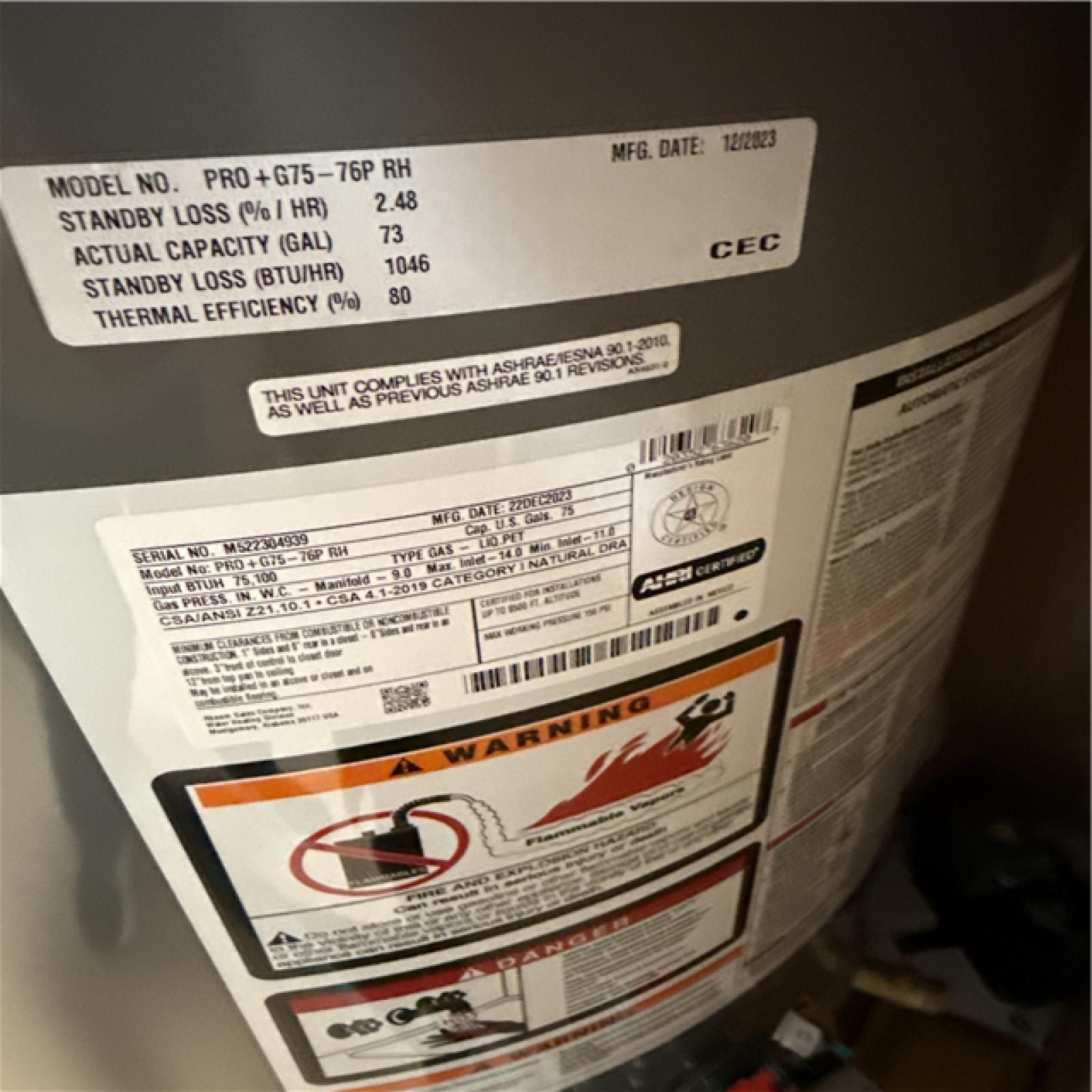 California NEW Rheem 75 Gallons Propane Gas Water Heater & AO Smith ProLine Commercial Grade 40-Gallon Natural Gas Water Heater