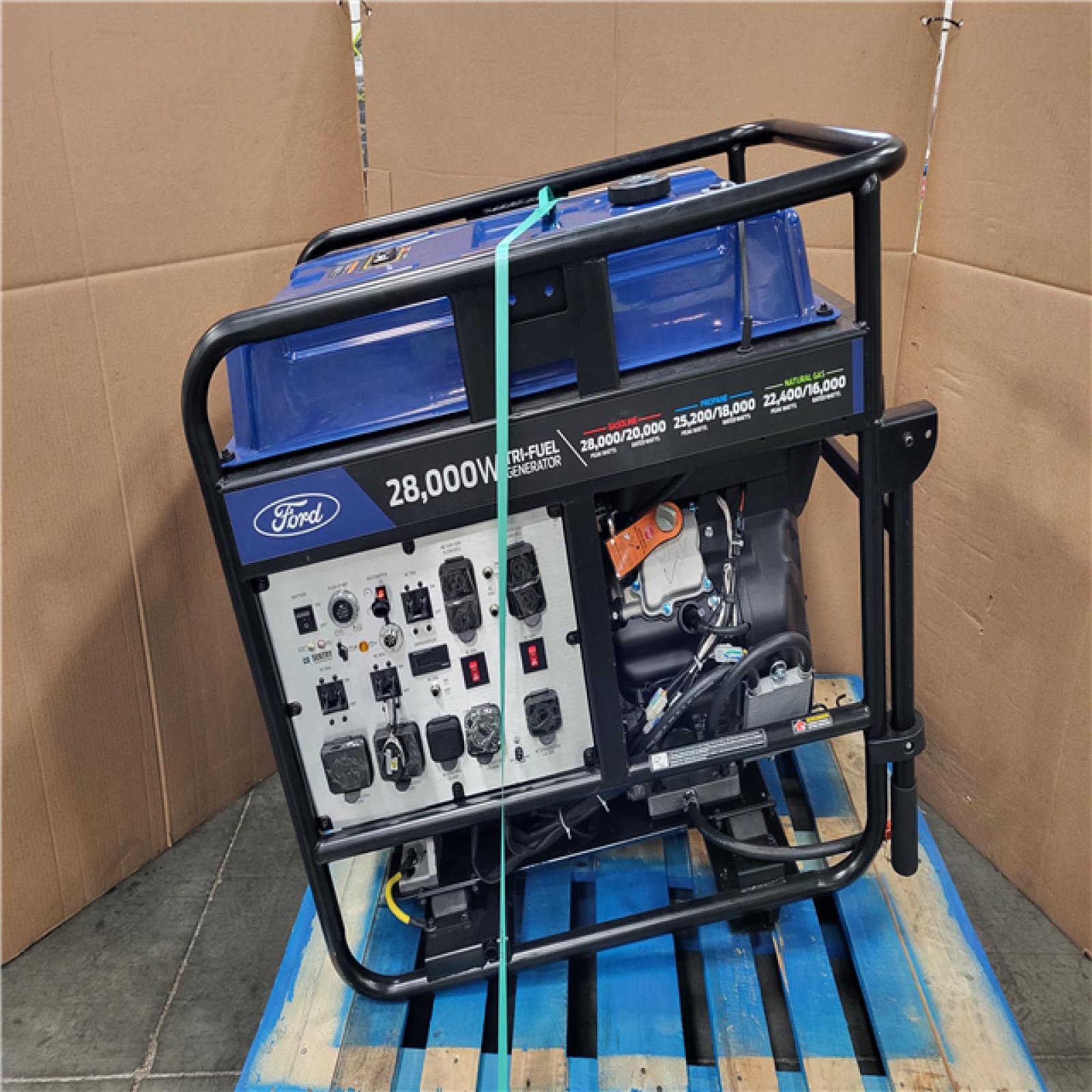 CALIFORNIA AS-IS LIKE NEW  FORD 28 000-WATT ELECTRIC SWITCH AND REMOTE START TRI-FUEL GASOLINE AND PROPANE PORTABLE GENERATOR