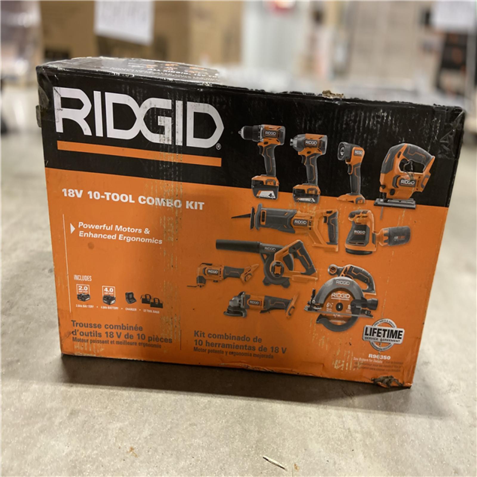 NEW! - RIDGID 18V Cordless 10-Tool Combo Kit with 2.0 Ah Battery, 4.0 Ah Battery, Charger, and Tool Bag