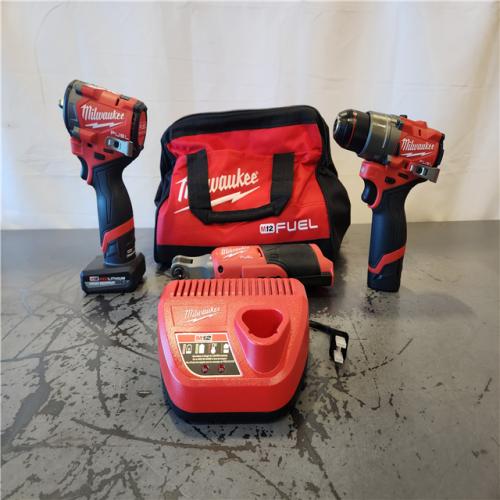 AS-IS- M12 FUEL 12V Lithium-Ion Cordless Drill Driver  Impact Wrench  and Ratchet Combo Kit (3-Tool) W/Batteries  Charger & Bag