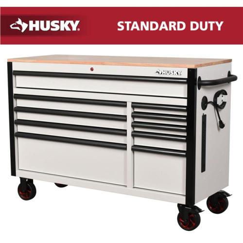 Phoenix NEW Husky Standard-Duty 52 in. W 10-Drawer Matte White w/ Carbon Fiber Trim Mobile Workbench Cabinet and Solid Wood Top