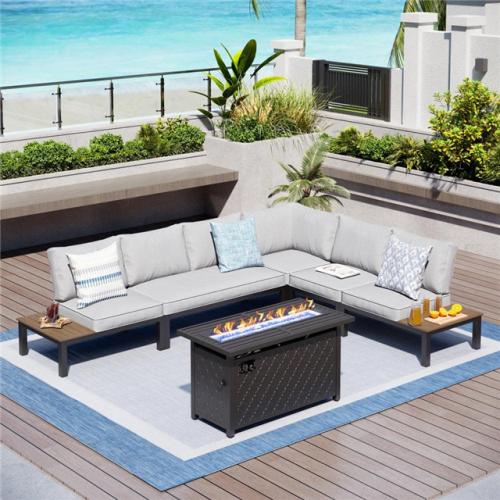 Phoenix AS-IS 6 -Seat 6-Piece Metal Outdoor Fire Pit Patio Sectional -Seating Set with Gray Cushions and Rectangular Fire Pit Table