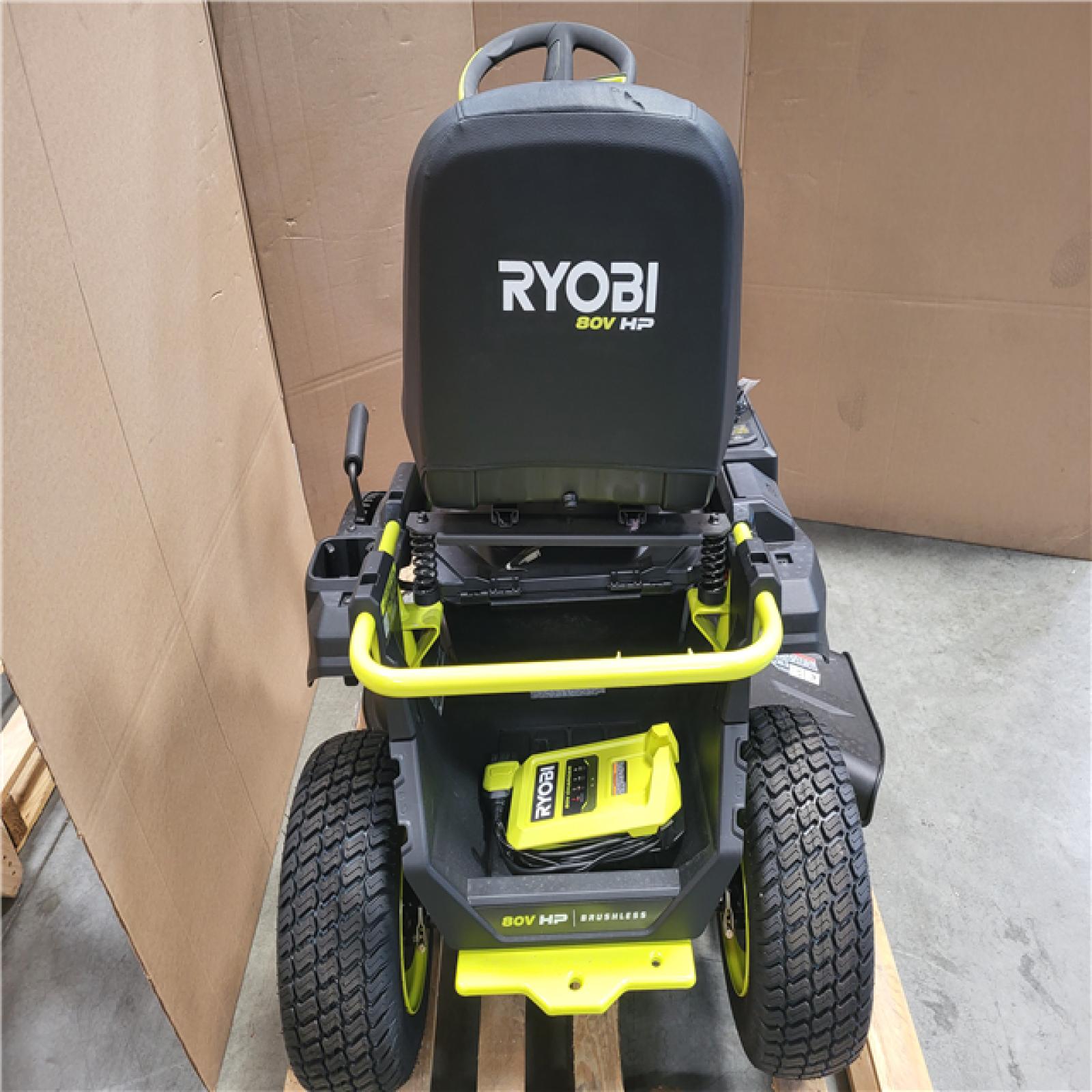 CALIFORNIA AS-IS RYOBI R1 80 HP BRUSHLESS LITHIUM BATTERY CORLESS ELETRIC 30 IN. RIDING LAWN MOWER W/ CHARGER