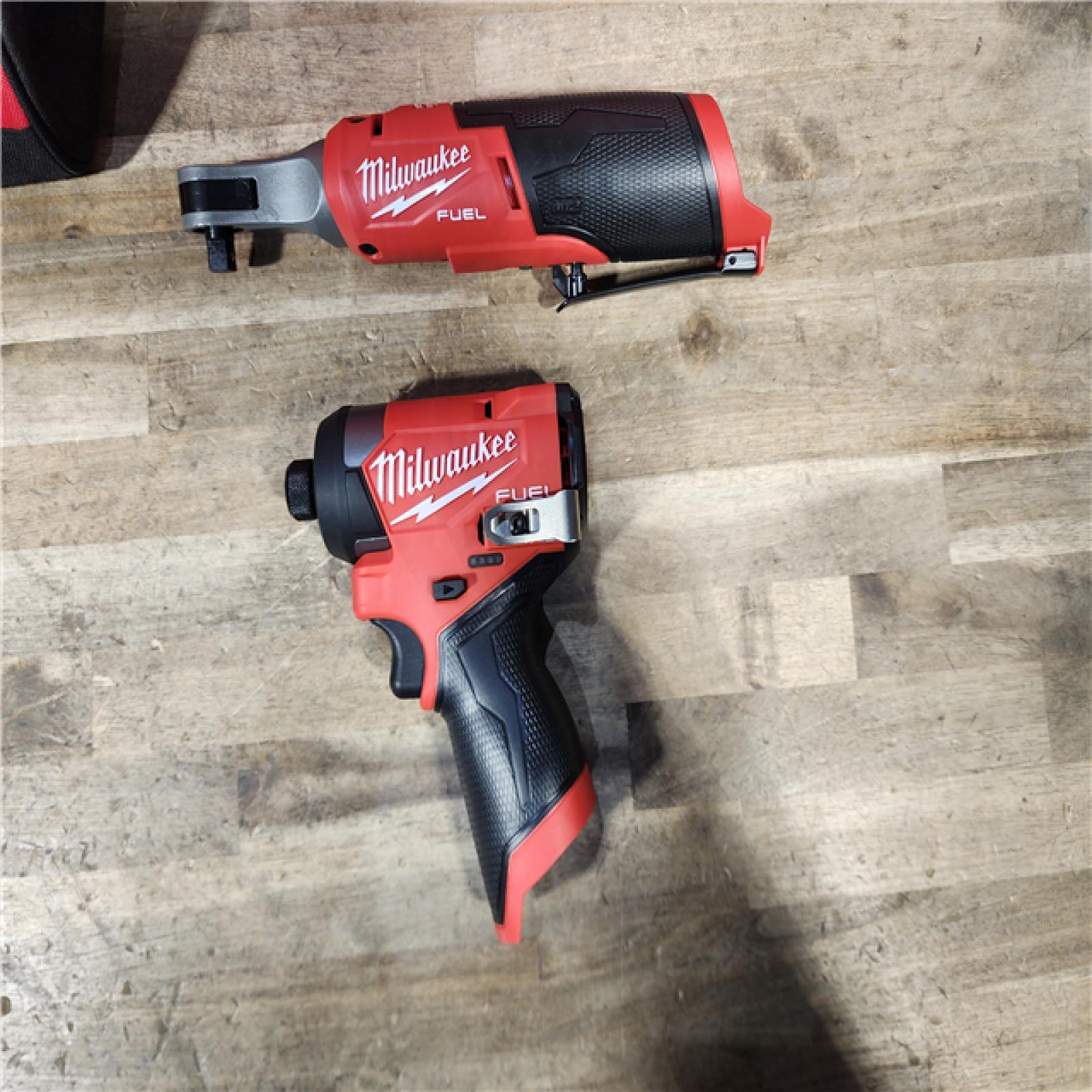 HOUSTON LOCATION - AS-IS (APPEARS LIKE NEW) Milwaukee 3453-22HSR M12 FUEL 12V Lithium-Ion Cordless 3/8 in. Ratchet and 1/4 in. Impact Driver Kit