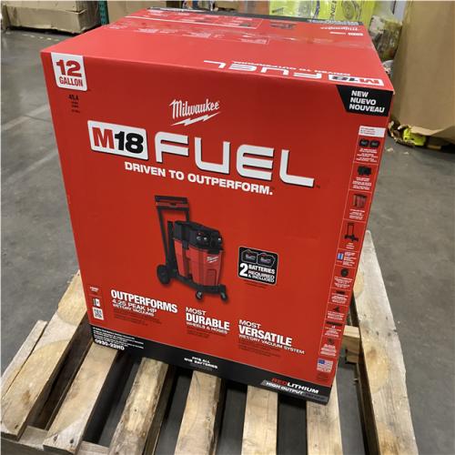 Dallas Location - NEW-  Milwaukee M18 FUEL 12 Gallon Cordless DUAL-BATTERY Wet/Dry Vac Kit W/12.0 Ah Battery  Charger  Filter  Hose  and Accessories