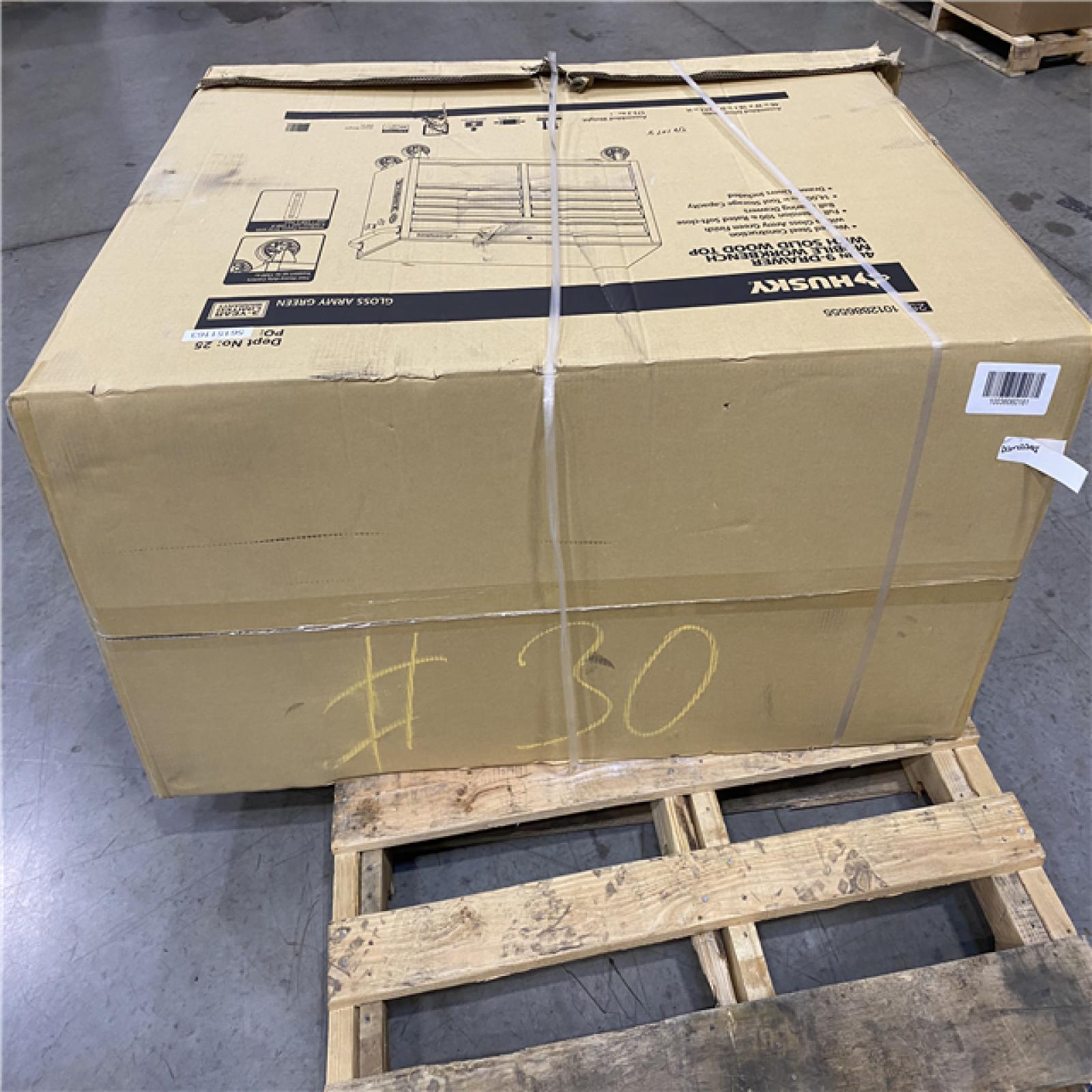 DALLAS LOCATION -Husky 46 in. W x 18.1 in. D 9-Drawer Army Green Mobile Workbench Cabinet with Solid Wood Top