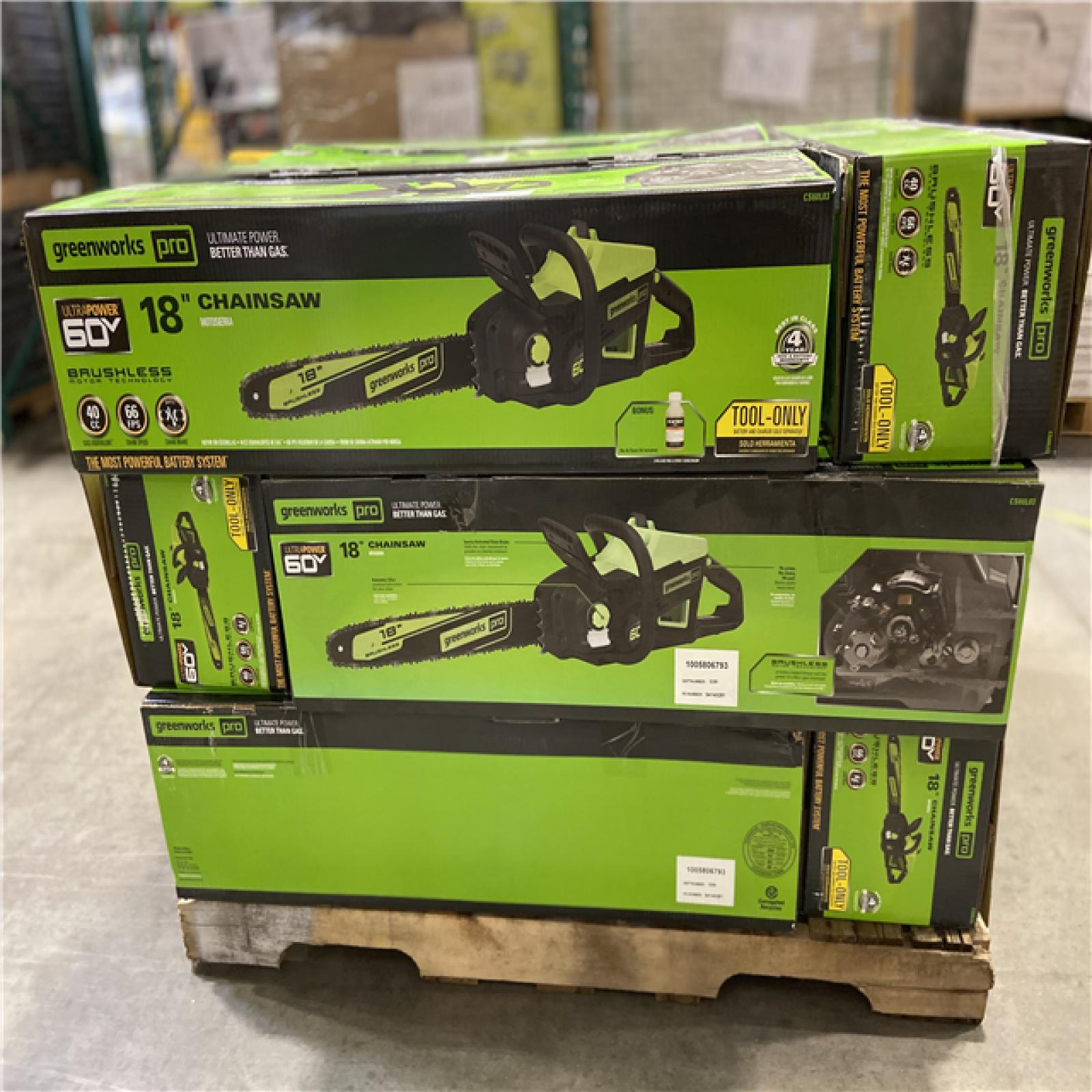 DALLAS LOCATION - Greenworks Pro Bare Tool 60-Volt Max Lithium Ion 18-Inch GEN2 Brushless Cordless Electric Chainsaw; Battery and Charger Not Included 15 (UNITS)