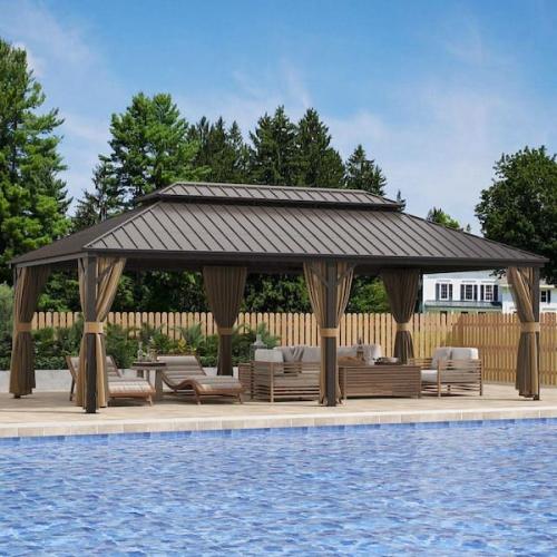 Phoenix NEW GAZEBEST 14 ft. x 24 ft. Double Galvanized Steel Roof Aluminum Frame Outdoor Patio Hardtop Gazebo with Netting and Curtain
