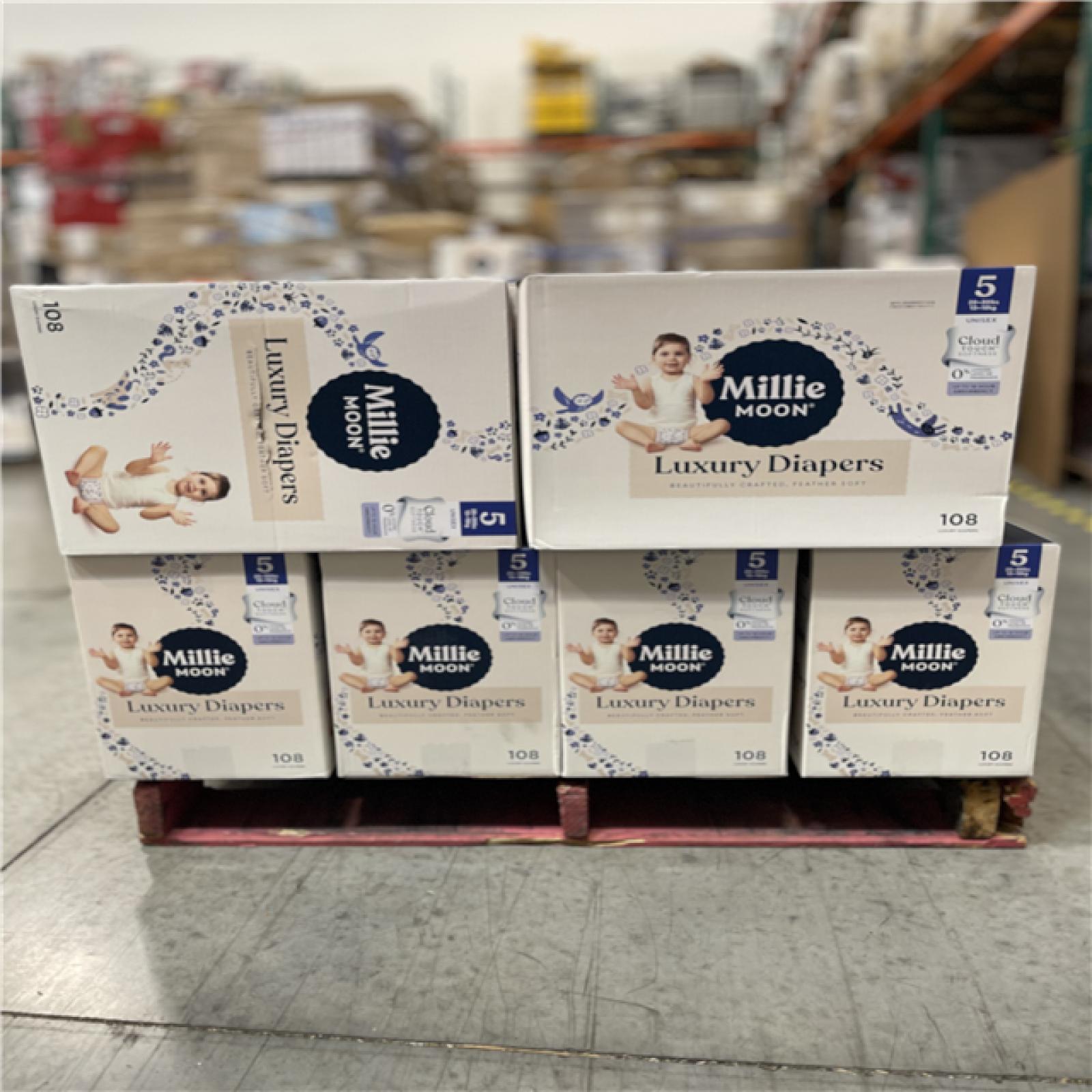DALLAS LOCATION - Millie Moon Luxury Disposable Diapers - Size 5 - 108ct PALLET-(20 CASES)