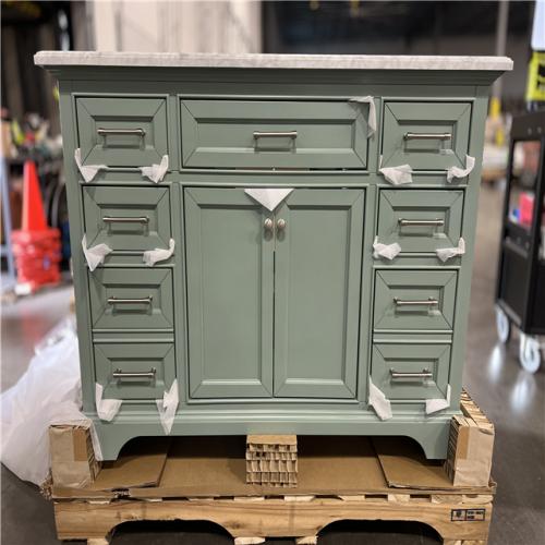 DALLAS LOCATION -  Home Decorators Collection Windlowe 49 in. W x 22 in. D x 35 in. H Bath Vanity in Green with Carrara Marble Vanity Top in White with White Sink