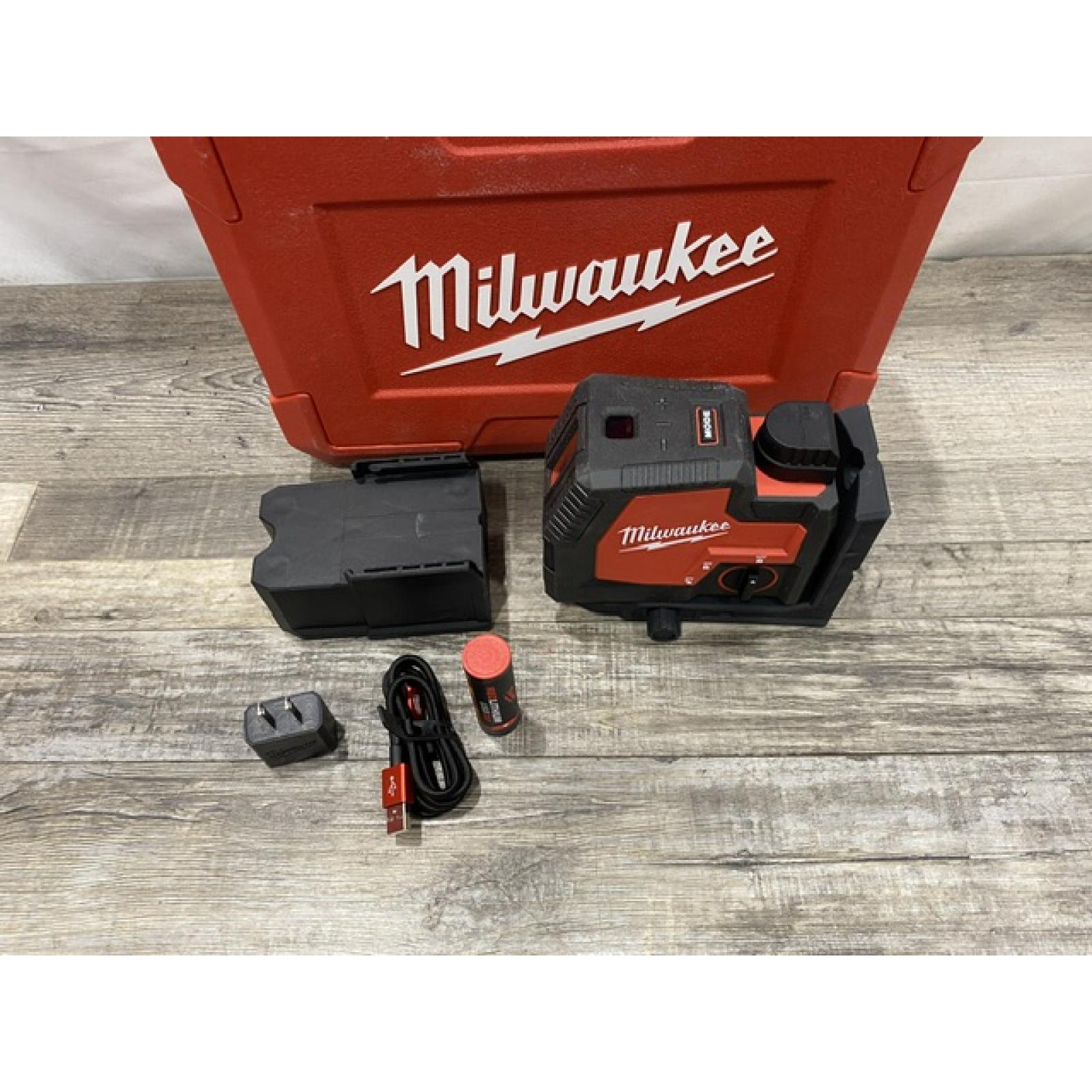 AS-IS Milwaukee Green 100 ft. Cross Line and Plumb Points Rechargeable Laser Level Kit