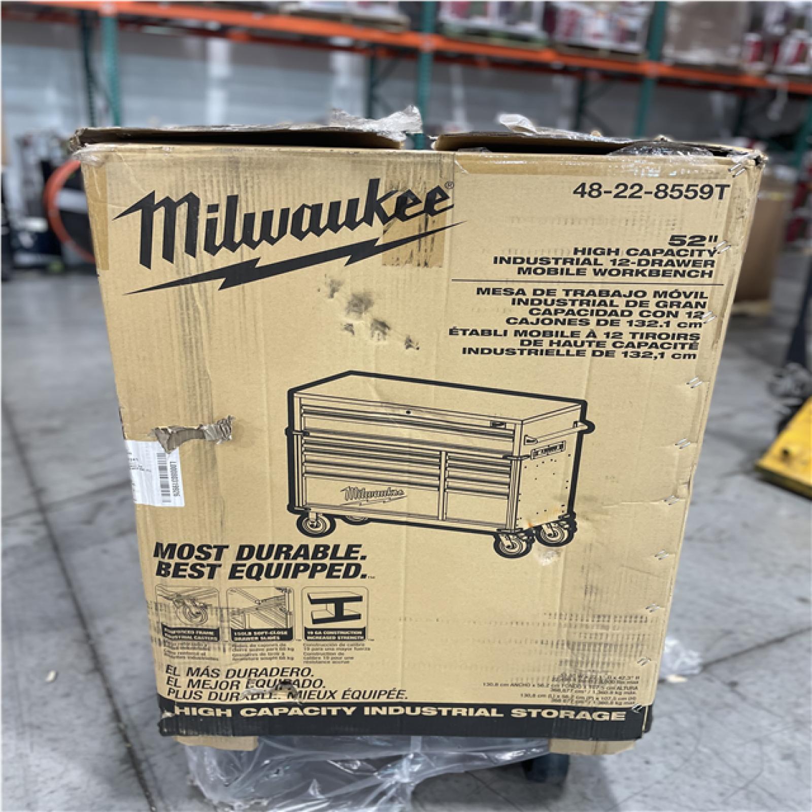 DALLAS LOCATION- AS-IS MILWAUKEE High Capacity 52 in. W x 22.1 in. D 12-Drawer Mobile Workbench Cabinet w/ Wood Top