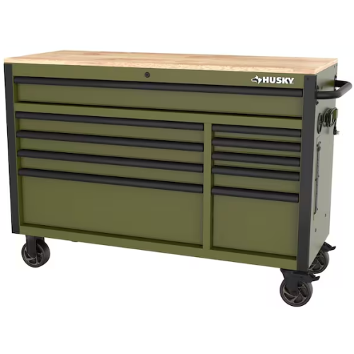 DALLAS LOCATION- AS-IS HUSKY Standard-Duty 52 in. W 10-Drawers Workbench Matte Army Green/Woodtop