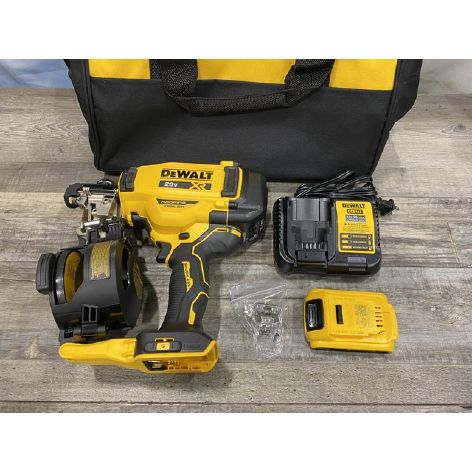 AS-IS DEWALT 20V MAX Lithium-Ion 15-Degree Electric Cordless Roofing Nailer Kit