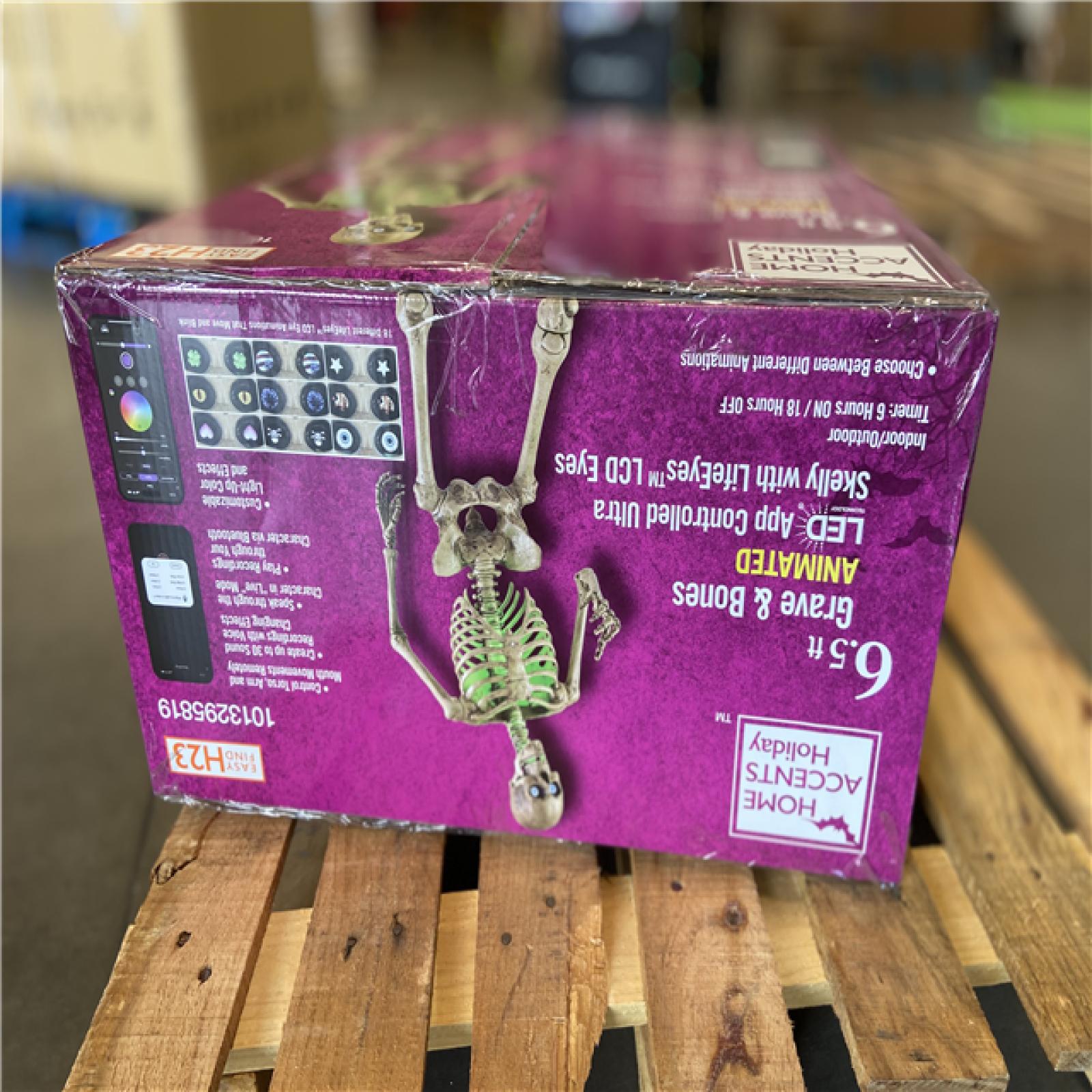 DALLAS LOCATION - Home Accents Holiday 6.5 ft. Grave & Bones Animated LED App Controlled Ultra Skelly with LifeEyes LCD Eyes H23