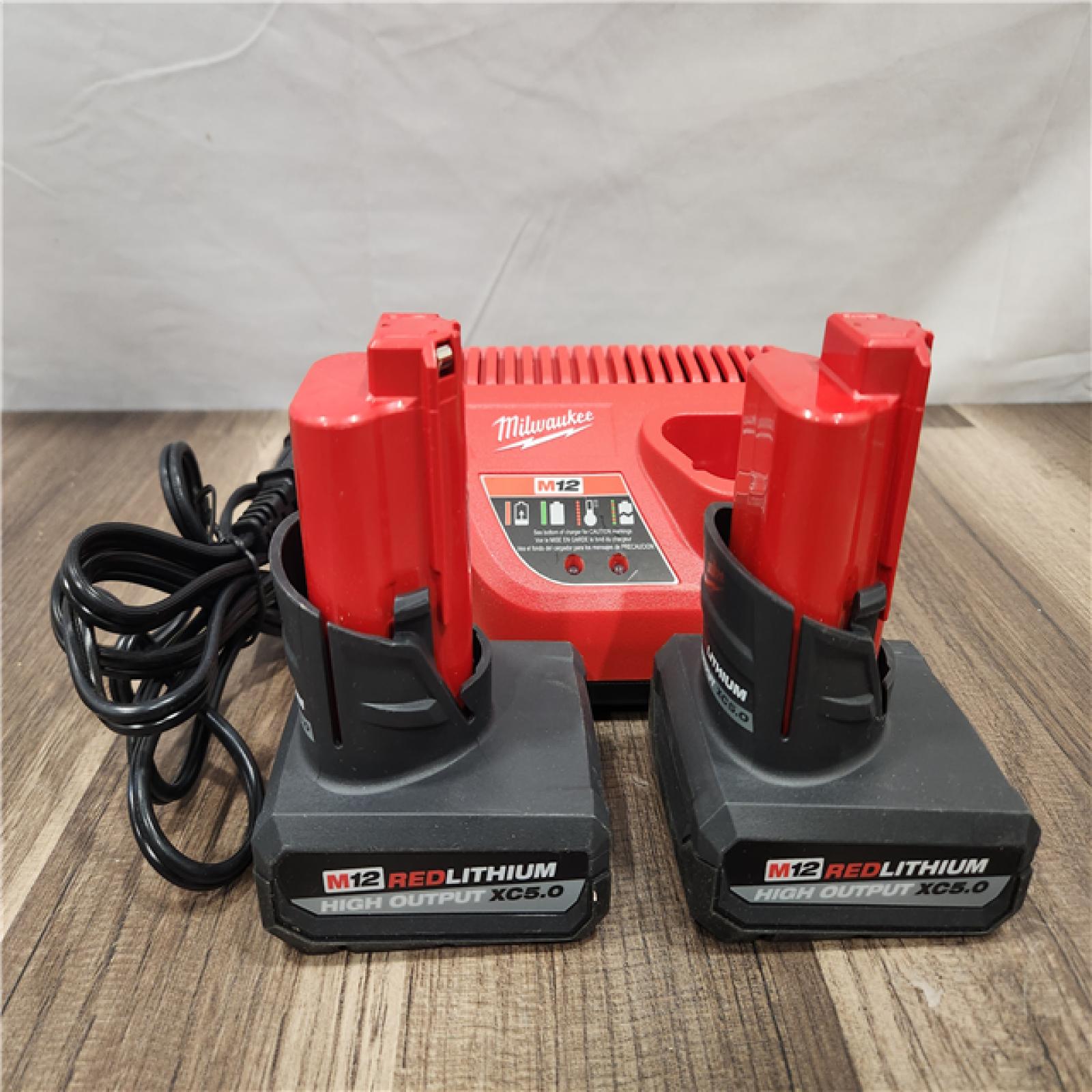 AS-IS- Milwaukee M12 12V Lithium-Ion XC High Output 5.0 Ah Battery Pack (2-Pack) Starter Kit with Charger