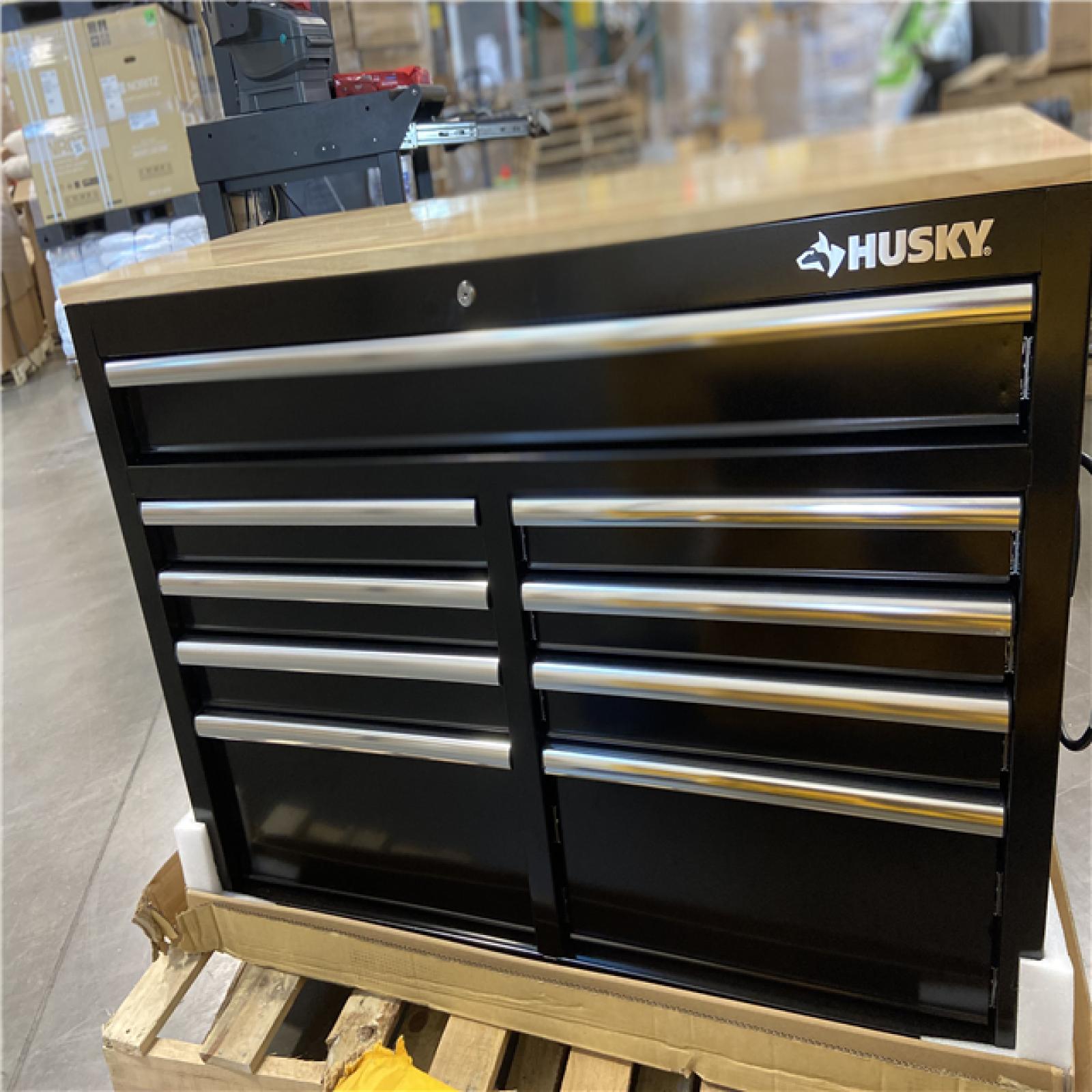 DALLAS LOCATION - Husky Tool Storage 46 in. W x 18 in. D 9-Drawer Mobile Workbench Cabinet in Gloss Black