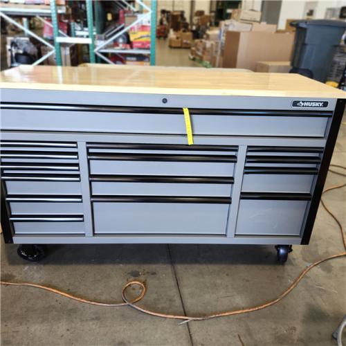 DALLAS LOCATION- Husky Heavy Duty 61 in. W x 23 in. D 15-Drawer Matte Gray Mobile Workbench Cabinet with Solid Wood Top