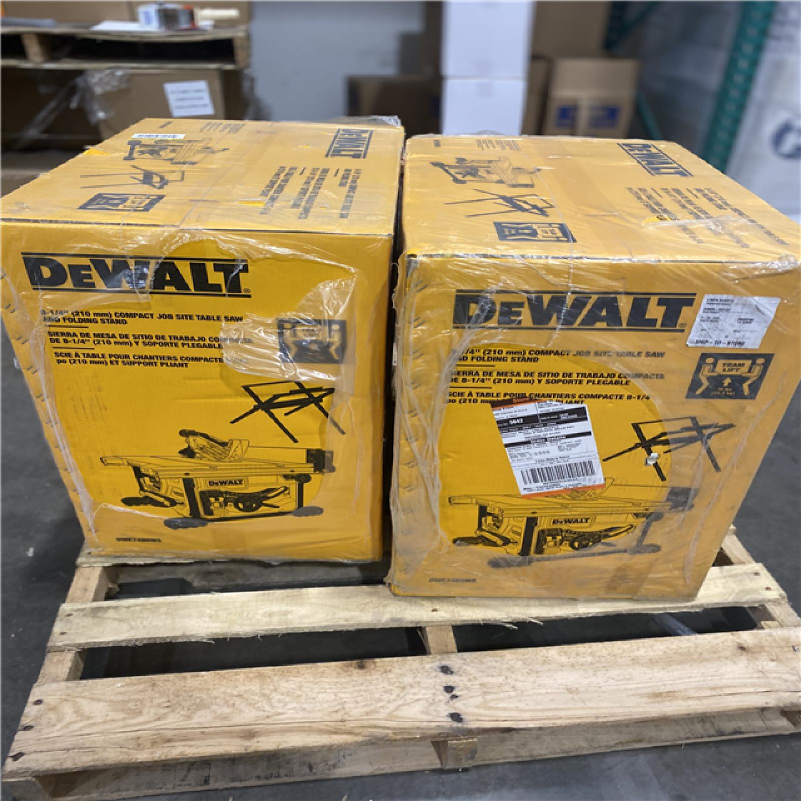 Dallas Location - NEW  DEWALT 15 Amp Corded 8-1/4 in. Compact Jobsite Tablesaw with Compact Table Saw Stand(Lot Of 2)