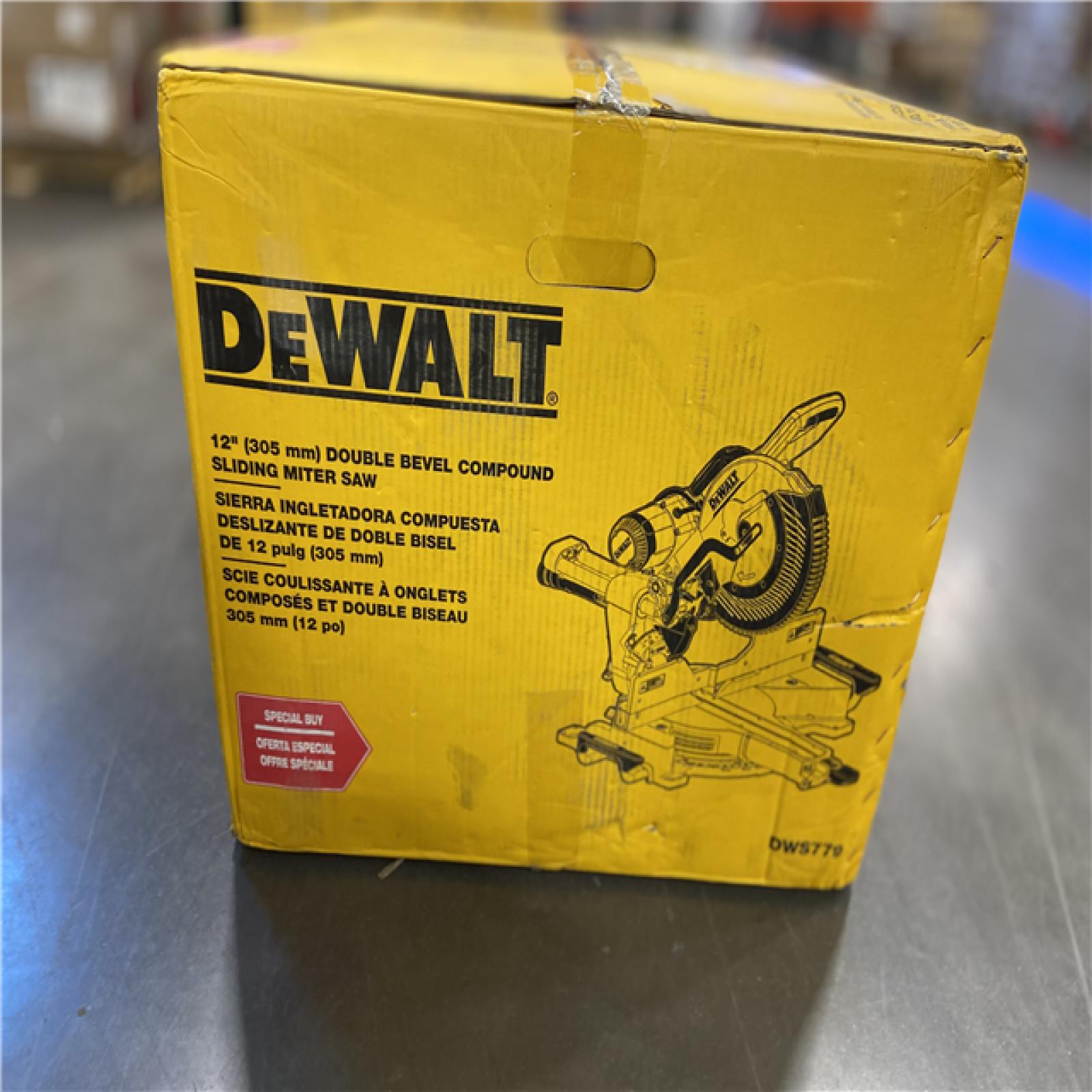 AS-IS - DEWALT 15 Amp Corded 12 in. Double Bevel Sliding Compound Miter Saw, Blade Wrench and Material Clamp